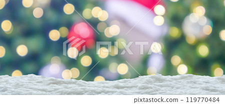 Empty white snow with blur Christmas tree with bokeh light background 119770484