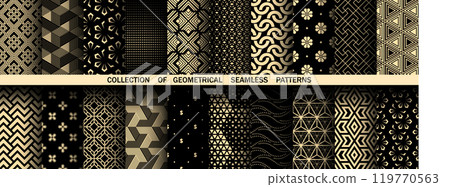 Geometric set of seamless black and golden patterns. Simple vector graphics Geometric set of seamless black and golden patterns. Simple vector graphics 119770563