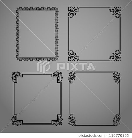Set of decorative frames Elegant vector element for design in Eastern style, place for text. Floral black and gray borders. Lace illustration for invitations and greeting cards Set of decorative frames Elegant vector element for design in Eastern style, place for text. Floral black and gray borders. Lace illustration for invitations and greeting cards 119770565