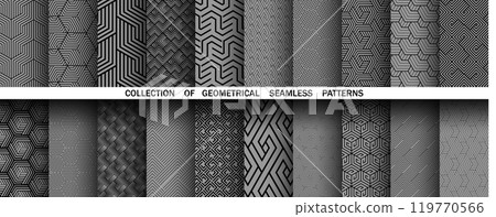 Geometric set of seamless black and gray patterns. Simple vector graphics Geometric set of seamless black and gray patterns. Simple vector graphics 119770566