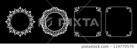 Set of decorative frames Elegant vector element for design in Eastern style, place for text. Floral black and white borders. Lace illustration for invitations and greeting cards. Set of decorative frames Elegant vector element for design in Eastern style, place for text. Floral black and white borders. Lace illustration for invitations and greeting cards. 119770570