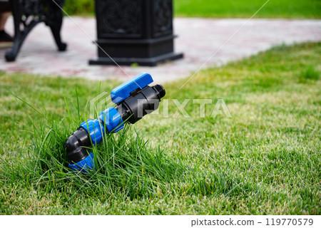 Sprinkler system in a lush green lawn, close-up. 119770579