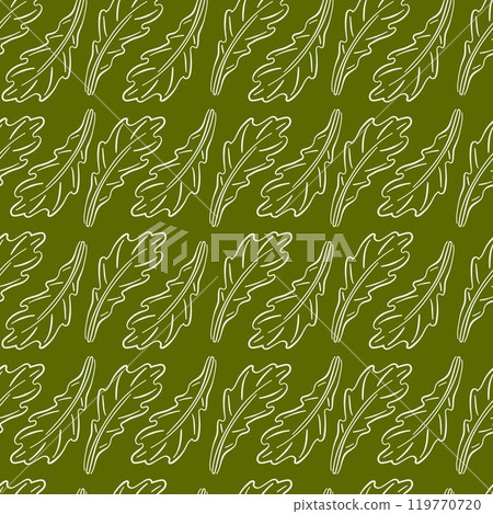 Seamless pattern of arugula lettuce leaf on green background. Hand drawn botanical design for restaurant menu, package, wallpaper. Healthy eating. 119770720