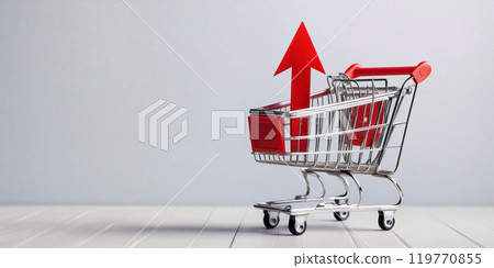 Shopping cart with red up arrow showing increasing consumer spending Shopping cart with red up arrow showing increasing consumer spending 119770855