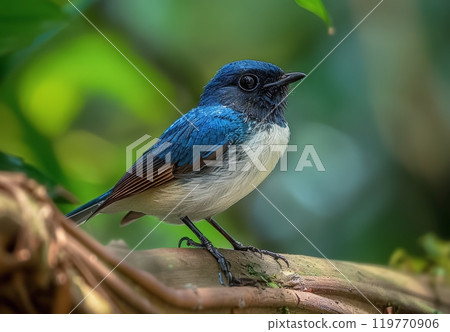 Blue-Backed Kingfisher Perched on a Branch in a Lush Forest 119770906
