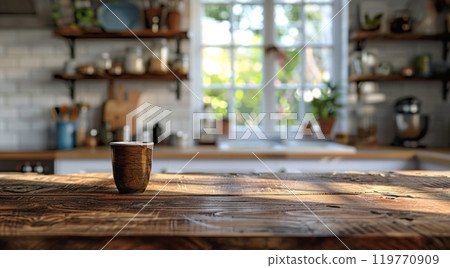 Black Coffee Mug on Wooden Kitchen Countertop With Window in Background Black Coffee Mug on Wooden Kitchen Countertop With Window in Background 119770909