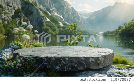 Stone Platform Overlooking Mountain Lake With Daisies Stone Platform Overlooking Mountain Lake With Daisies 119770927