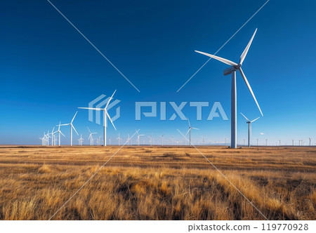 Wind Turbines in a Field Under a Blue Sky With White Clouds Wind Turbines in a Field Under a Blue Sky With White Clouds 119770928