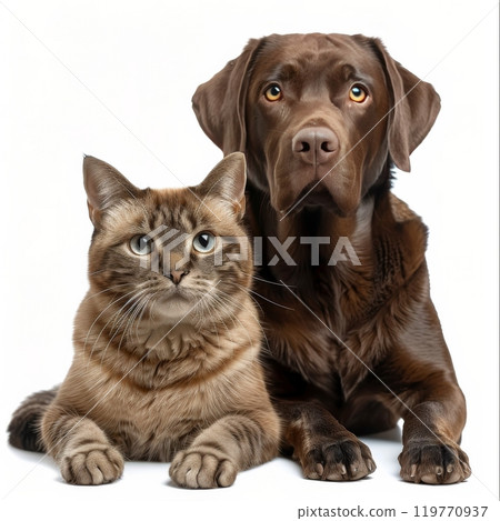 Chocolate Labrador Retriever Puppy and Tabby Kitten Sitting Together Against White Background Chocolate Labrador Retriever Puppy and Tabby Kitten Sitting Together Against White Background 119770937