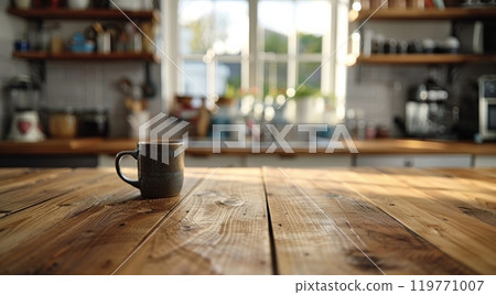 Black Coffee Mug on Wooden Kitchen Countertop With Window in Background 119771007