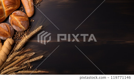 Bakery products and wheat on a dark background. ai generated art image 119771146