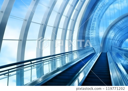 Modern luxury escalators with staircase at airport. Neural network AI generated art Modern luxury escalators with staircase at airport. Neural network AI generated art 119771202