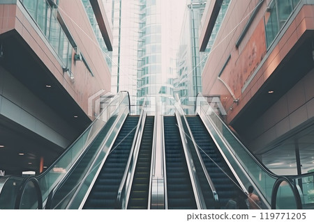 Modern luxury escalators with staircase at airport. Neural network AI generated art Modern luxury escalators with staircase at airport. Neural network AI generated art 119771205