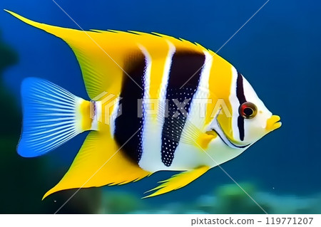 Sea life: exotic tropical coral reef bluering angelfish. Neural network AI generated art 119771207