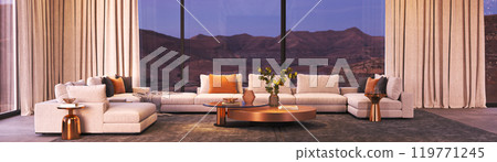 Experience a Modern Luxe Living Room with a breathtaking Mountain View enhancing its appeal, 3d rendering Experience a Modern Luxe Living Room with a breathtaking Mountain View enhancing its appeal, 3d rendering 119771245