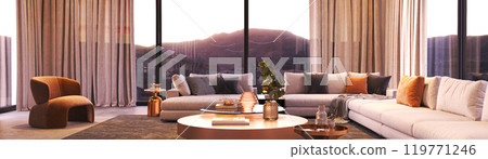 Modern Living Room designed with a Scenic View and featuring Stylish, Chic Decor, 3d rendering 119771246