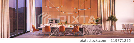 Modern kitchen established with an open and spacious layout, showcasing elegant design features, 3d rendering 119771255