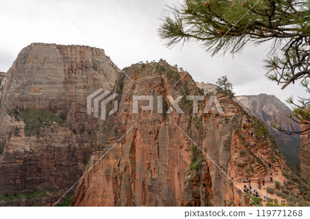 Views of Angels Landing from afar on a cloudy day at Zion National Park. Views of Angels Landing from afar on a cloudy day at Zion National Park. 119771268