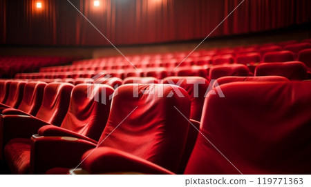Empty cinema hall with red seats. Movie theatre. Neural network ai generated art Empty cinema hall with red seats. Movie theatre. Neural network ai generated art 119771363