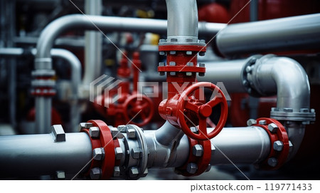 Gas control equipment with big pipes. Natural gas supplies. Neural network ai generated art 119771433