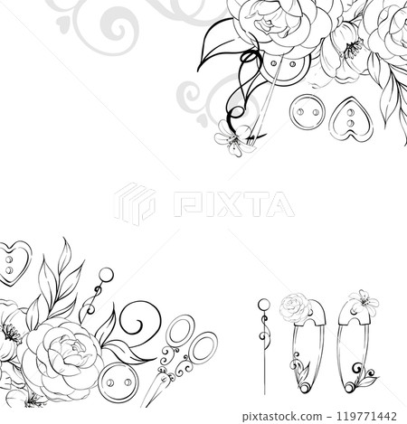 Sewing tools template with flowers, background. Scissors, needles, buttons, pins. Handcraft in retro style. Vintage old fashion, tailoring for postcard, fabric, printing. Graphic vector line, hand Sewing tools template with flowers, background. Scissors, needles, buttons, pins. Handcraft in retro style. Vintage old fashion, tailoring for postcard, fabric, printing. Graphic vector line, hand 119771442