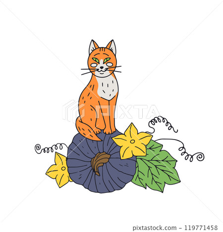 Thanksgiving greeting card with cute cat and pumpkin 119771458
