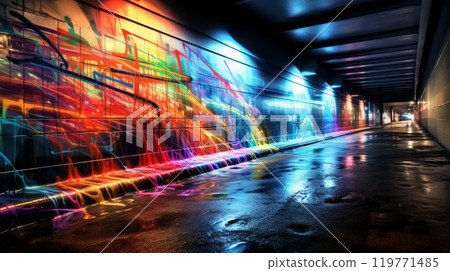 Colorful graffiti with outlines on walls of night city exterior. Neural network ai generated art Colorful graffiti with outlines on walls of night city exterior. Neural network ai generated art 119771485