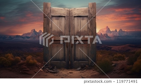 Separated wooden door installed on hill in mountains area in evening. Neural network ai generated art 119771491