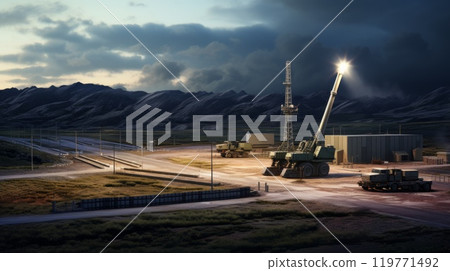 Anti air missile launch system in military base territory. Neural network ai generated art 119771492