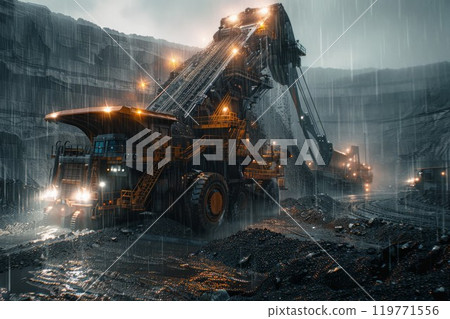 Pit mine industry, big yellow mining truck for coal anthracite in rainy mine background. Neural network ai generated art 119771556