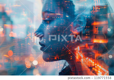 Double exposure of young woman and building exterior. Neural network ai generated art 119771558