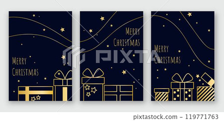 Holiday cards with golden gifts, stars and Merry Christmas lettering 119771763