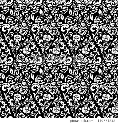 Floral pattern. Vintage wallpaper in the Baroque style. Seamless vector background. White and black ornament for fabric, wallpaper, packaging. Ornate Damask flower ornament. 119771838