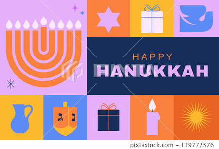 Happy Hanukkah banner, background, poster. Modern design for traditional holiday. Menorah, dove 119772376