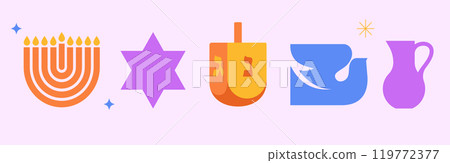 Menorah, dove, candles and dreidel icons set. Happy Hanukkah banner, background, poster. Modern 119772377
