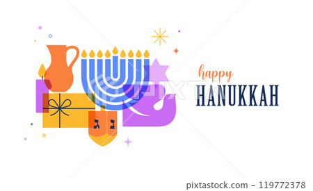 Happy Hanukkah banner, background, poster. Modern design for traditional holiday. Menorah, dove 119772378