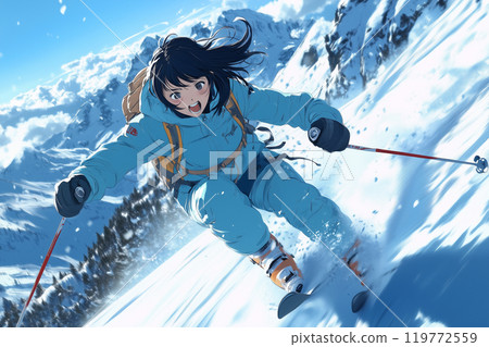 滑雪女孩動漫插畫：日本女子破雪破風的動感瞬間 119772559