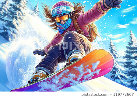 Snowboarding in the snowy mountains in winter! Anime-style action illustration Snowboarding in the snowy mountains in winter! Anime-style action illustration 119772607