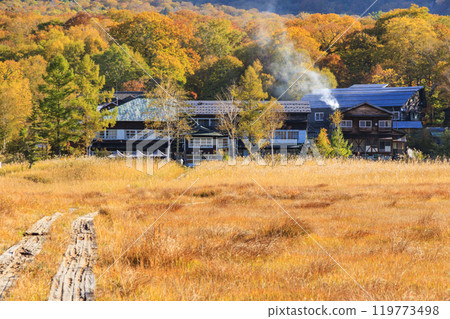 Autumn in Oze: Autumn leaves in the grass and forests: Ryugu-Miharashi Autumn in Oze: Autumn leaves in the grass and forests: Ryugu-Miharashi 119773498