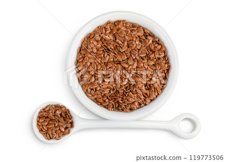 flaxseed in ceramic bowl isolated on white background. Top view. Flat lay flaxseed in ceramic bowl isolated on white background. Top view. Flat lay 119773506