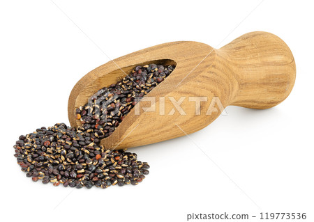 black quinoa in wooden scoop isolated on white background black quinoa in wooden scoop isolated on white background 119773536