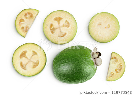 Feijoa fruit isolated on white background. Top view. Flat lay Feijoa fruit isolated on white background. Top view. Flat lay 119773548
