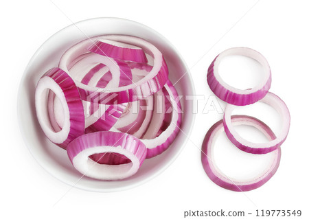 Red onion slices in ceramic bowl isolated on a white background. Top view. Flat lay Red onion slices in ceramic bowl isolated on a white background. Top view. Flat lay 119773549