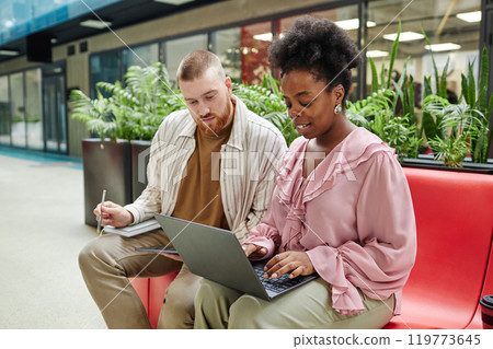 African American woman at business meeting typing on laptop collaborating with male colleague looking at computer screen, while comfortably sitting on couch in lounge area of office center African American woman at business meeting typing on laptop collaborating with male colleague looking at computer screen, while comfortably sitting on couch in lounge area of office center 119773645