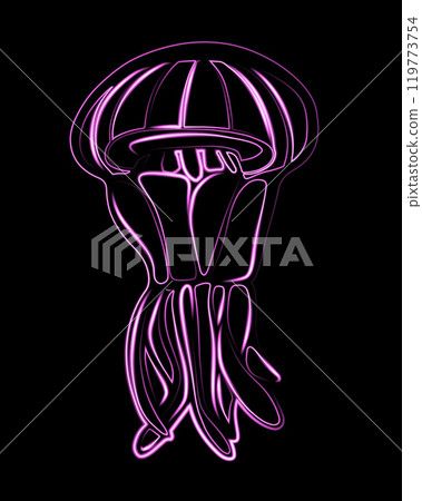 The vibrant siphoid jellyfish emits neon light, showcasing its unique form in the deep sea 119773754