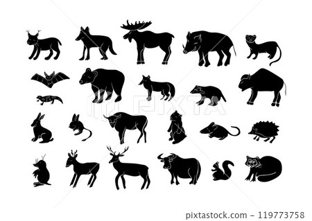 Silhouettes of different wild animals displayed together showcasing their unique shapes 119773758