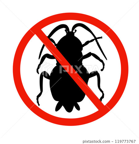 This visual depicts a cockroach symbol with a prohibition sign, promoting pest control methods 119773767