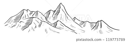 Mountain Range vector illustration. Linear drawing in Black and White Ink of hills for travel and cartography design. Etching of rocks painted in line art style. Etch of relief landscape with peak. 119773789
