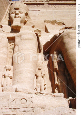 Egyptian stone statues in the Great Temple of Abu Simbel Egyptian stone statues in the Great Temple of Abu Simbel 119774005