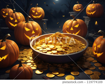 Gold coins and Halloween pumpkin 119774189